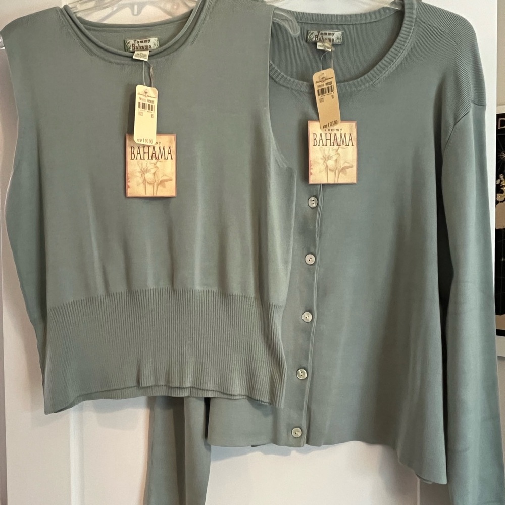 Tommy Bahama Sage Green Knit Sweater & Button-Front Cardigan Set